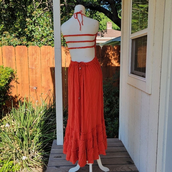 R.Vivimos Orange Summer Cotton Sexy Blackless Ruffle Maxi Dress - Picture 9 of 13